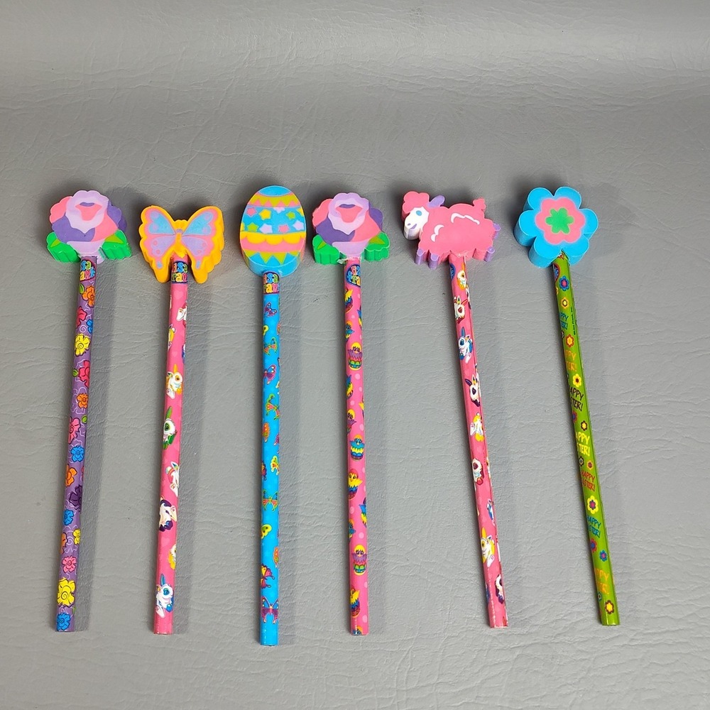 Vintage Lisa Frank Easter Pencils With Large Eraser Tops 6 Pieces Unsharpened